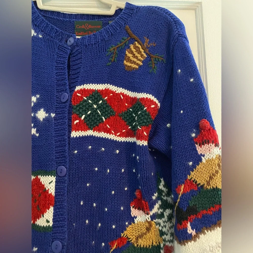 Vintage Hand Knit Croft & Barrow Sledding Snow Ugly Christmas Cardigan Size XS